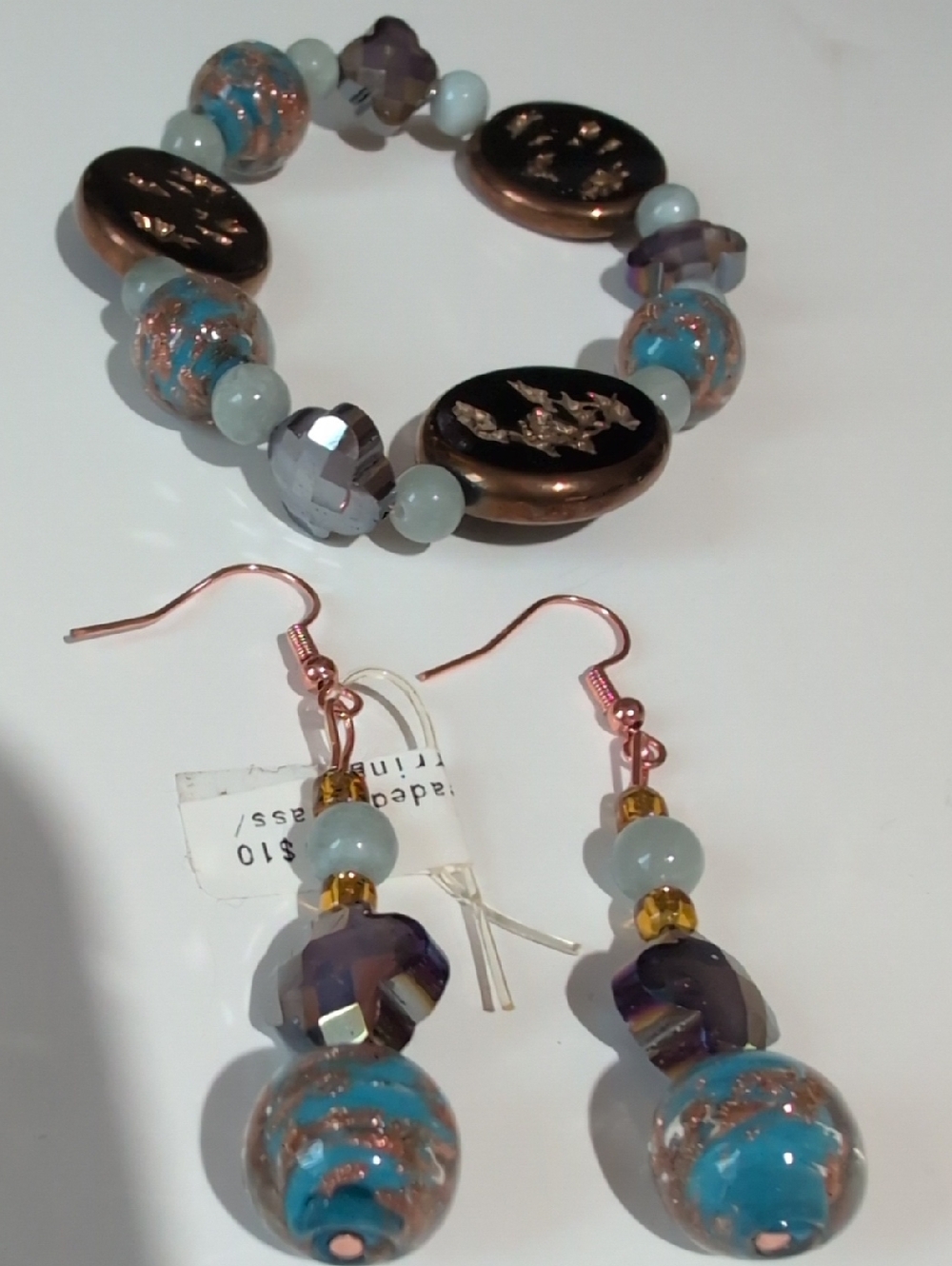 NWOT Handmade Glass Beaded Bracelet and Earrings Set